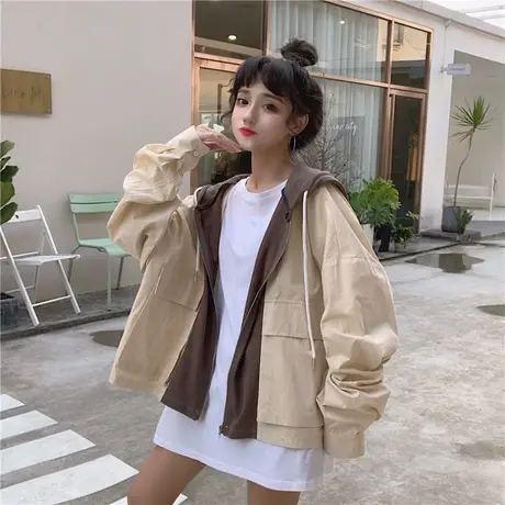 女装2021新款春秋季连帽拉链工装拼接外套女韩版宽松短款复古港味商品大图