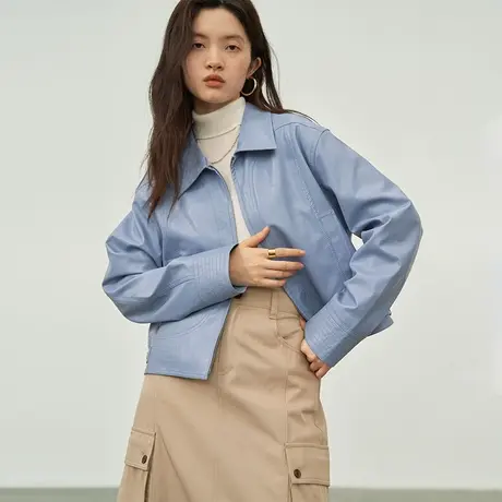 omont蛋挞家 复古PU皮衣外套女2023秋冬新款宽松短款机车皮夹克商品大图