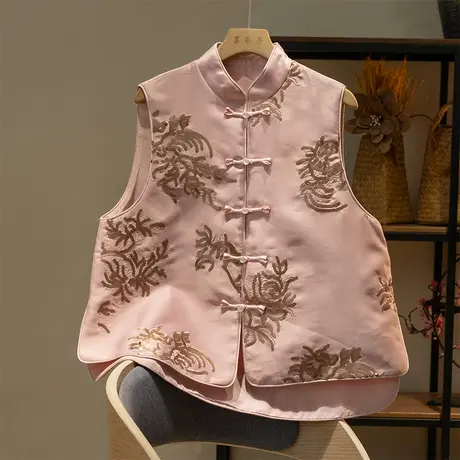 享永子仿桑蚕丝高级感刺绣重工马甲背心文艺复古盘扣2023秋季外套图片