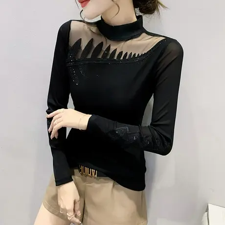 性感镂空半高领打底衫女长袖春秋洋气烫钻上衣ins网纱拼接T恤女装图片