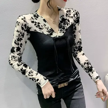 复古气质V领T恤长袖设计感小众上衣性感网纱拼接打底衫女内搭春秋商品大图