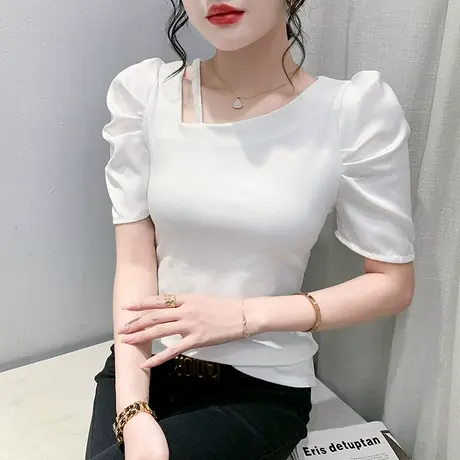 气质泡泡袖T恤女2023夏季新款时尚洋气修身小衫短袖个性别致上衣商品大图