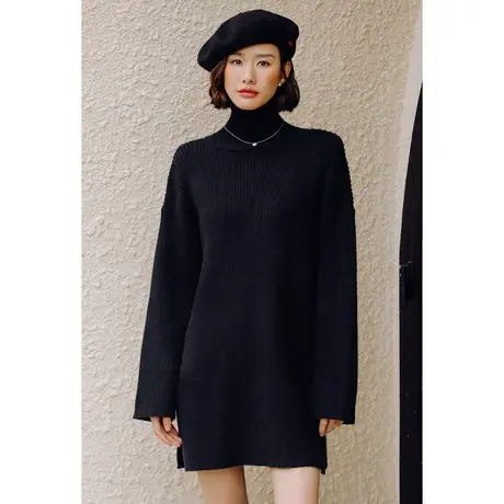 弥古黑色打底毛衣裙高领内搭针织连衣裙秋冬女小个子直筒开叉短裙商品大图