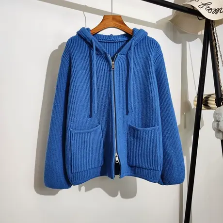 连帽针织开衫女秋冬新款韩版宽松慵懒休闲百搭加厚双拉链毛衣外套商品大图