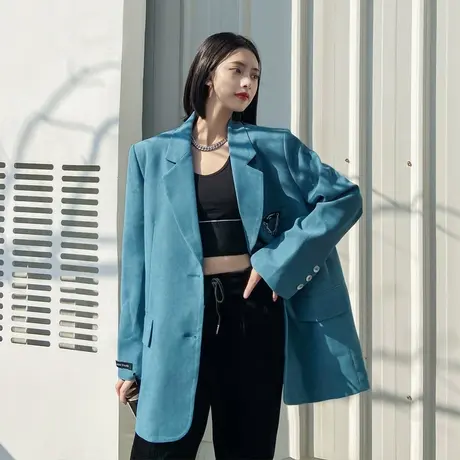 蓝色西装外套女2023新款复古港味宽松廓形小众时尚休闲高级感西服图片