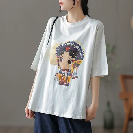 dza复古纯棉白色短款上衣女夏季薄款短袖t恤宽松打底休闲圆领半袖商品大图