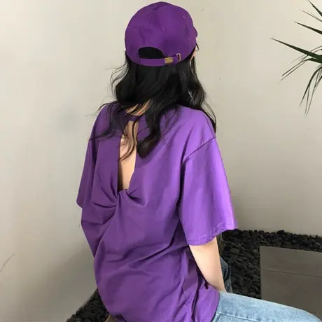 网红ins超火短袖t恤女2020夏装纯棉宽松韩版性感露背小心机上衣潮图片