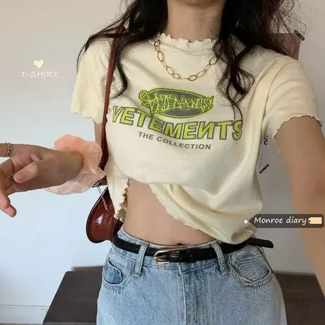 木耳边短款T恤女2023夏季新款韩版修身显瘦百搭字母印花短袖上衣商品大图