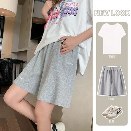 灰色运动短裤女夏季薄款宽松2023新款高腰直筒阔腿中裤休闲五分裤商品大图