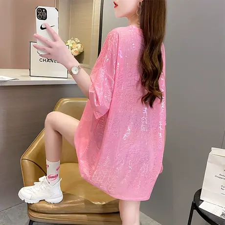 短袖t恤女夏韩版宽松中长款亮闪闪个性百搭下衣消失体桖上衣服潮图片