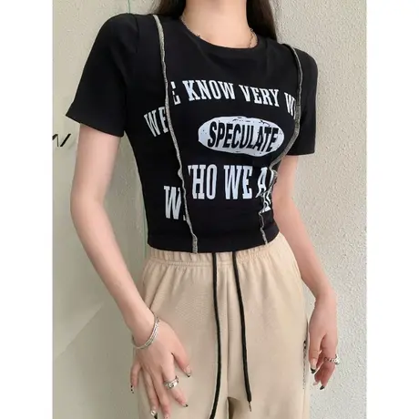修身正肩短袖t恤女美式复古夏季ins潮辣妹风设计感小众显瘦上衣服商品大图