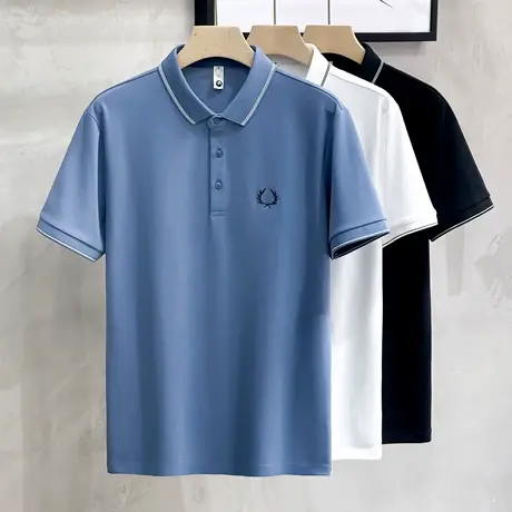 潮牌英伦风绣花t男士商务休闲翻领短袖POLO衫黑色夏季有领半袖T恤商品大图