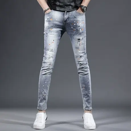 牛仔裤潮男破洞补丁泼墨个性潮流帅气男士牛仔裤修身小脚2023款图片