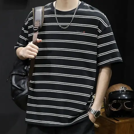 条纹短袖t恤男士夏季宽松大码潮牌2023新款男装纯棉黑色体恤男款商品大图