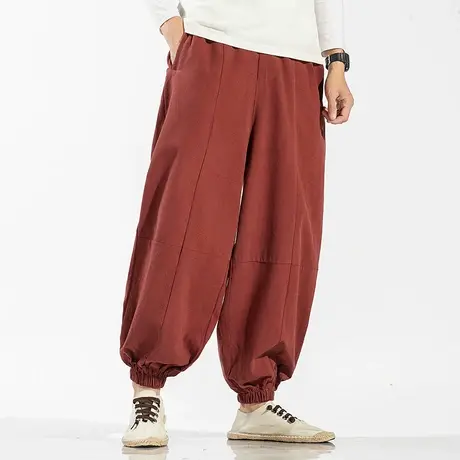 秋冬中国风男休闲裤宽松亚麻裤收口萝卜阔腿裤灯笼裤个性哈伦裤子图片