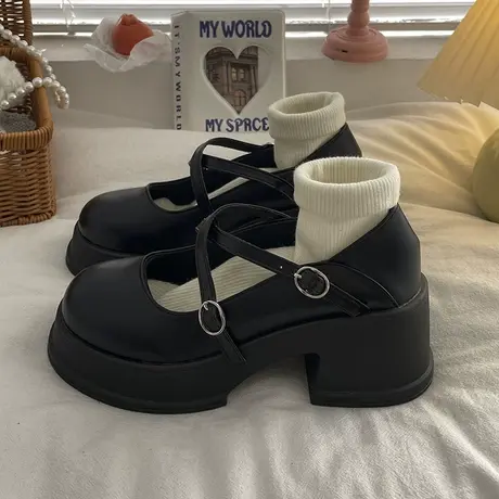 黑色粗跟厚底小皮鞋女2023新款夏季法式复古玛丽珍鞋爆款百搭单鞋商品大图