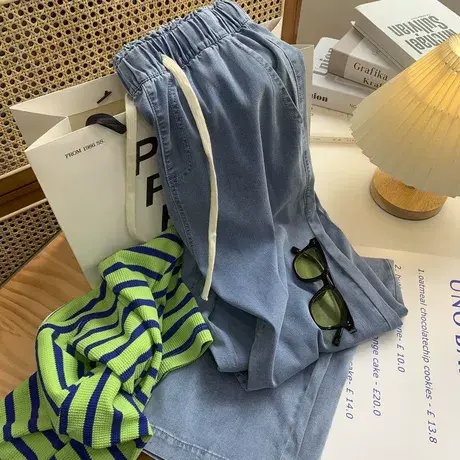 春秋新款大码胖mm牛仔裤女装宽松显瘦轻薄垂感休闲阔腿长裤200斤图片