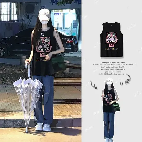 美式复古纯棉吊带运动坎肩背心无袖t恤女夏外穿宽松港风挂脖上衣商品大图