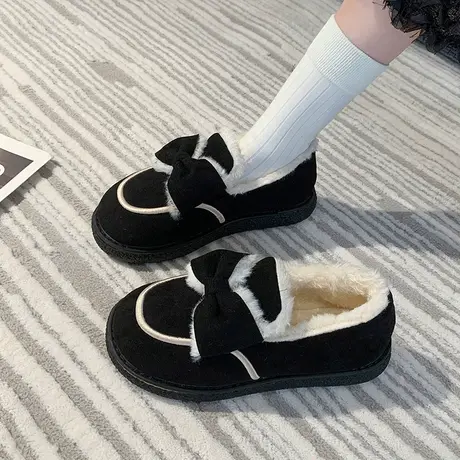 奶呼呼鞋子女冬保暖孕妇蝴蝶结豆豆鞋2023新款复古黑色毛茸茸棉鞋图片