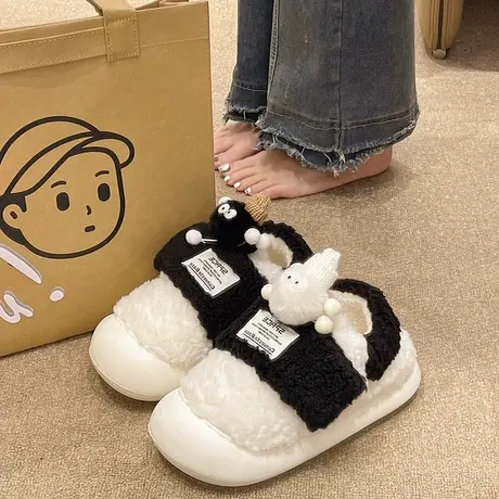 棉拖鞋女款冬季外穿羊羔绒可爱煤球毛毛加绒保暖室内家居包跟棉鞋商品大图