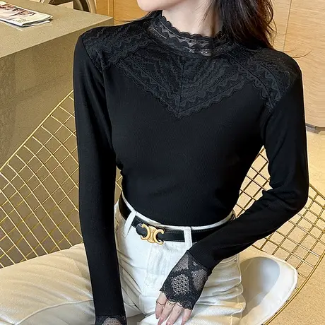 半高领蕾丝打底衫女时髦时尚洋气内搭春装薄绒上衣体恤长袖t恤短商品大图