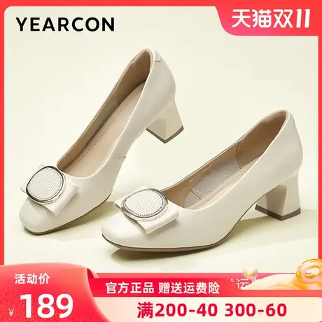 意尔康女鞋2023秋季新款真皮方扣浅口高跟鞋女粗跟方头单鞋不累脚图片