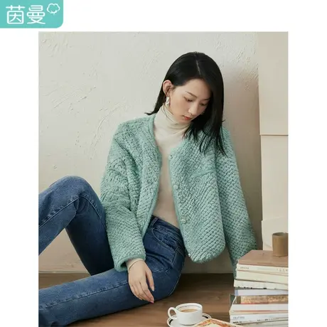 茵曼气质圆领短款外套女2023年冬季新款优雅纯色宽松显瘦长袖上衣商品大图