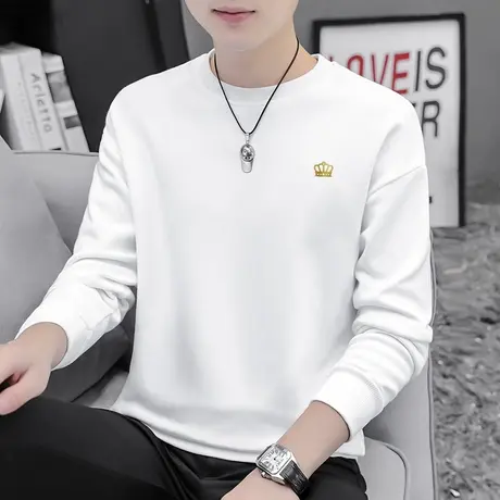 白色卫衣男潮ins春秋款套头无帽秋季上衣加绒宽松潮流印花长袖t恤商品大图
