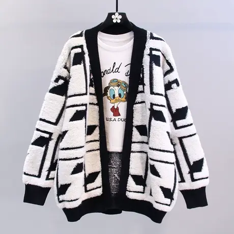 撞色菱形格毛衣外套女秋冬2022新款宽松慵懒风中长款洋气针织开衫图片