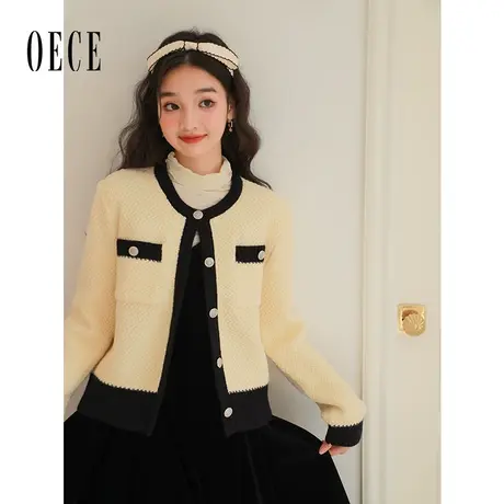Oece小香风针织衫上衣2022秋冬新款女装高级感毛衣气质开衫外套商品大图
