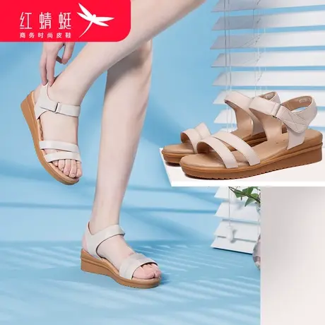 红蜻蜓女鞋厚底女凉鞋平底中老年妈妈鞋低跟一字带真皮罗马凉鞋子商品大图