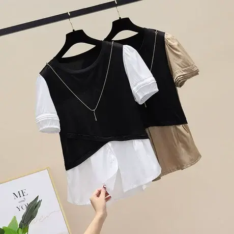 2023夏季新款假两件雪纺衫女短袖洋气宽松拼接遮肚子小衫时尚上衣图片