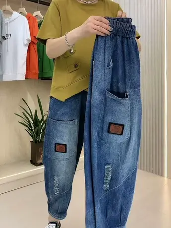 大码宽松休闲牛仔裤夏季2023新款胖mm松紧腰遮肉显瘦薄款哈伦裤女商品大图