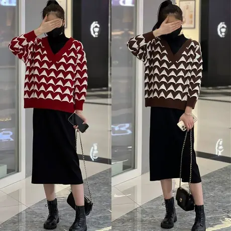 欧货半高领假两件拼菱格针织毛衣显瘦半身裙2023秋冬新款宽松上衣图片