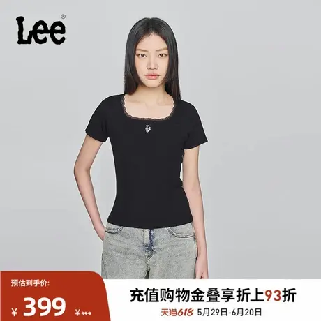 Lee商场同款25春夏新品标准版蕾丝方领黑色女短袖T恤LWT009256206图片