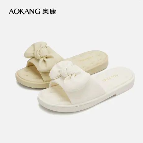 【门店发货】奥康女鞋 夏季新款透气蝴蝶结一字拖鞋舒适平底甜美商品大图