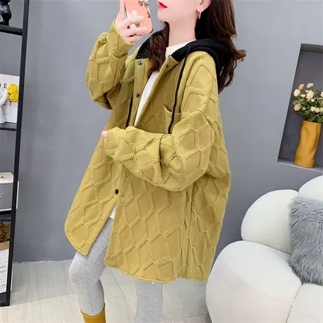 中长款网红拼接连帽衬衫女春秋新款韩版宽松港味复古休闲外套上衣图片