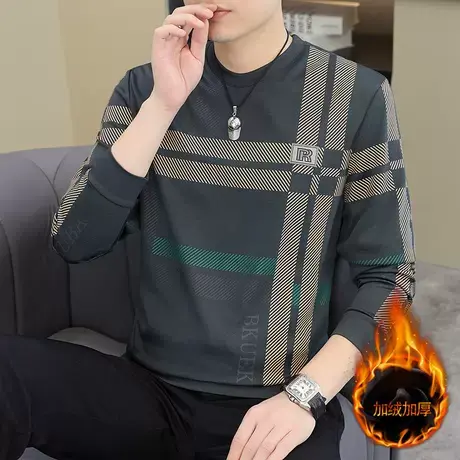 2025秋冬新款男士加绒加厚长袖T恤加肥加大码卫衣打底衫男装上衣商品大图
