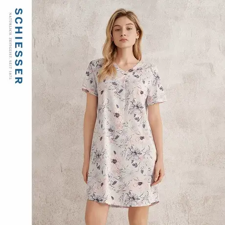 SCHIESSER舒雅25春夏新品女士棉莫代尔印花V领宽松睡衣家居服睡裙图片