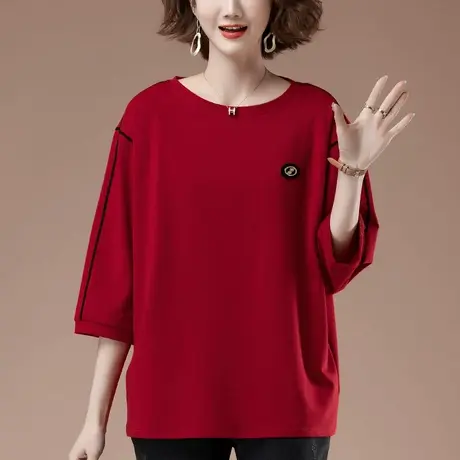 春秋七分袖t恤女加肥加大码女装宽松中年妈妈休闲百搭中袖打底衫商品大图