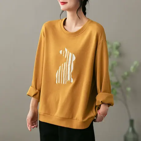 dza 复古纯棉圆领卫衣女士2023春季新款宽松长袖外套显瘦套头上衣图片