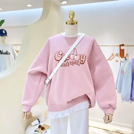 下摆白边拼接假两件卡通樱桃水果刺绣宽松大码圆领套头卫衣女外套图片