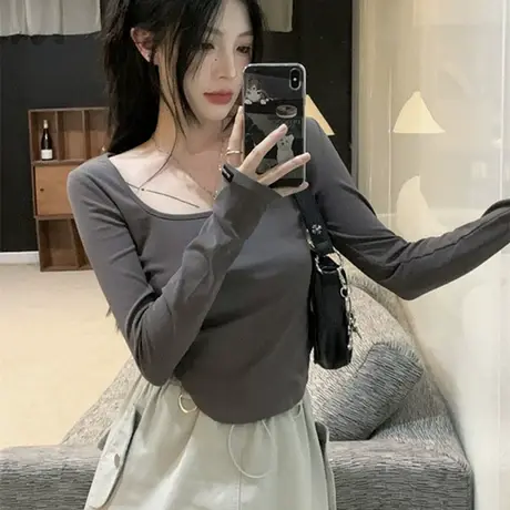 纯欲方领上衣女短款法式锁骨长袖t恤修身性感低领打底衫内搭秋冬商品大图
