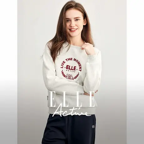 【花花推荐】ELLE Active刺绣卫衣女秋新款灰色圆领上衣休闲显瘦商品大图
