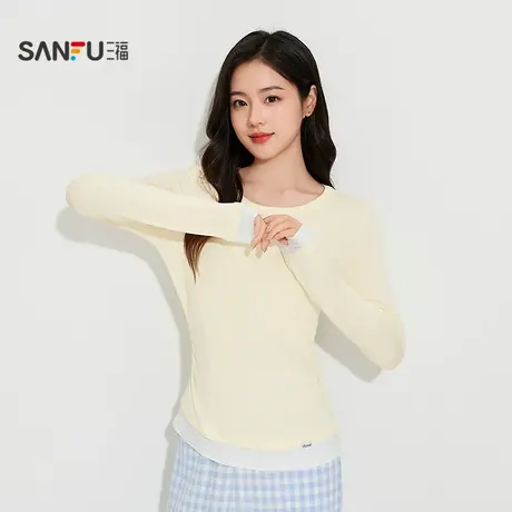 三福女秋季侧边褶皱假两件打底衫单衣 简约柔软修身上衣504702商品大图