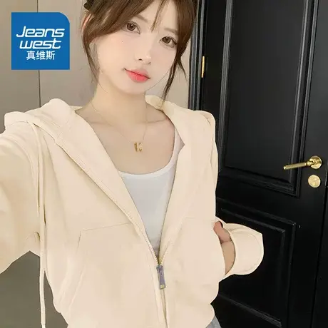 LB真维斯外套女款2025新款秋季韩版时尚设计感上衣短款连帽卫衣女图片