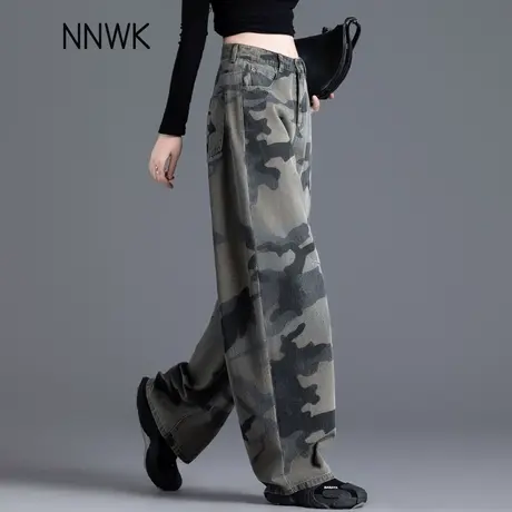 美式工装迷彩牛仔裤女2025新款春秋季高腰宽松松弛感弯刀阔腿裤子商品大图