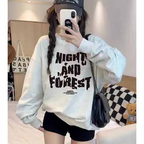 灰色新款宽松圆领卫衣女秋冬韩版加绒加厚初中长袖外套上衣潮牌薄商品大图