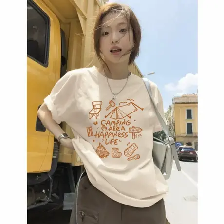 杏色短袖t恤女夏季2025新款落肩半袖设计感小众体恤宽松百搭上衣图片