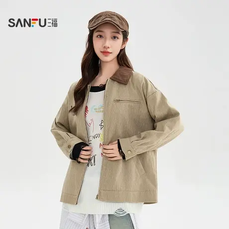 三福单外套2025秋季英文刺绣撞色翻领宽松夹克上衣女装508853商品大图